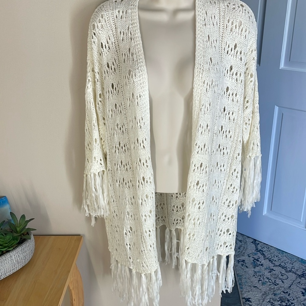 Impressions short sleeve open cardigan with fringe